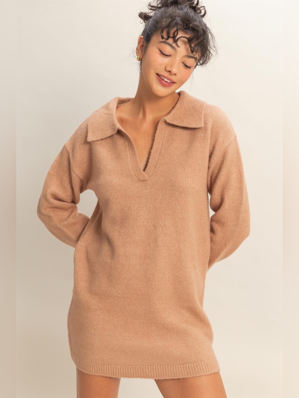 Vici Beige Collared Sweater Dress